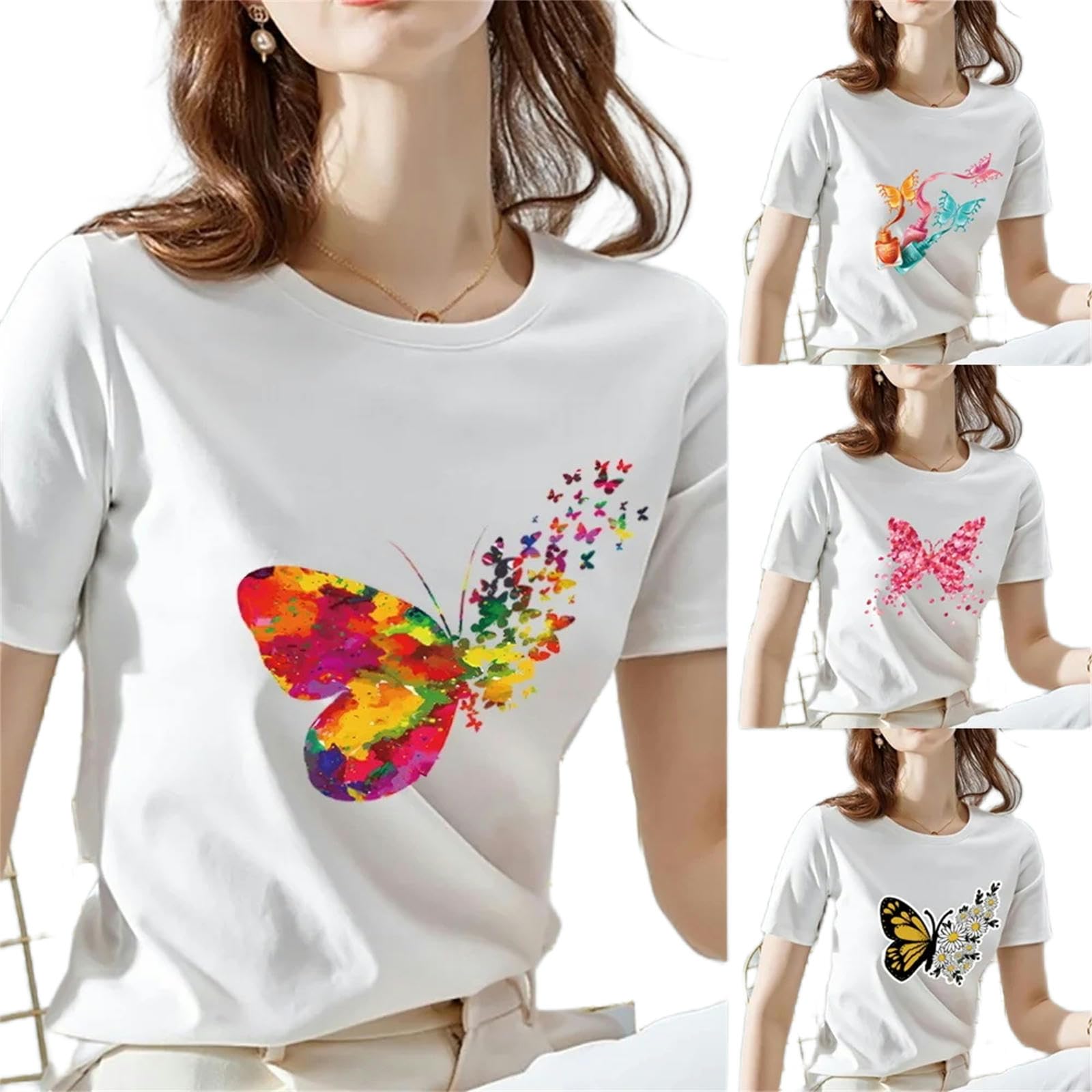 T Shirt Donna Donna Estate A Maniche Corte Stampa Farfalla Moda Donna Casual T-Shirt Donna A Maniche Corte T-shirt-04-m