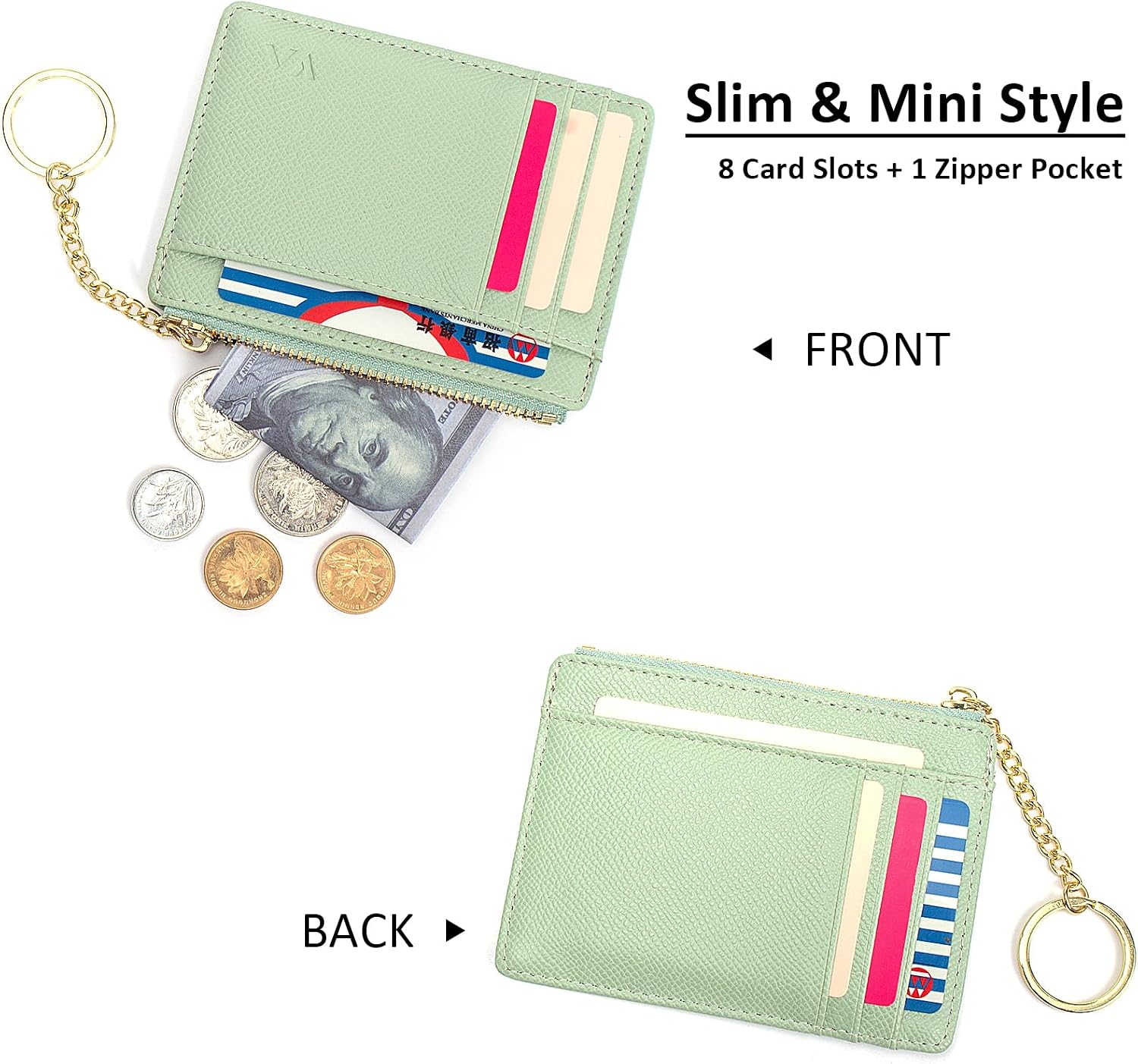 Valentoria Slim RFID Blocking Card Holder Small Pocket Wallet Keychian Zipper Coin Purse Mini Cash & Coin & Cards Case for Women Men | Slim