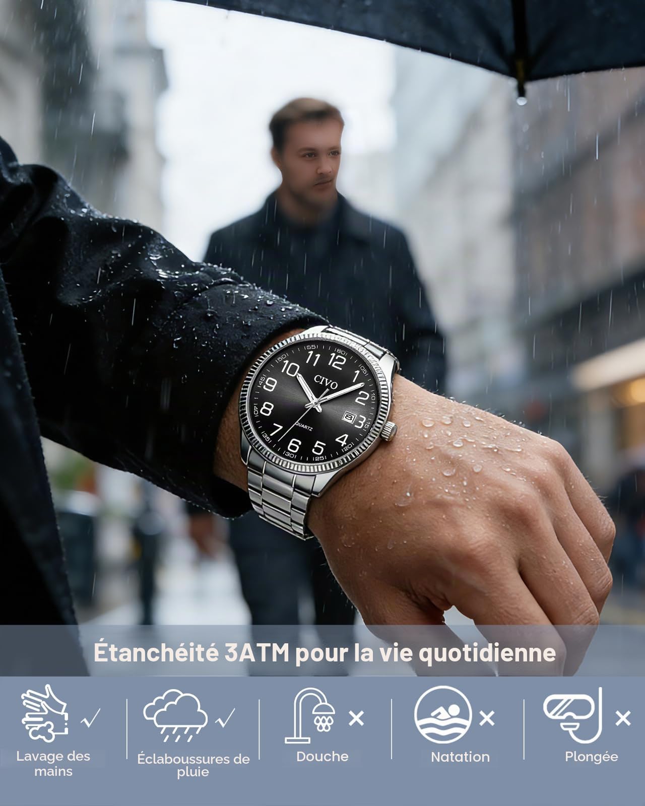 CIVO Lecture Facile Montre Homme: Acier Argent Analogique Quartz Montre Bracelet Etanche Date Lumineuses - Grands Nombres pour Personnes Âgées Ayant Une Mauvaise Vue
