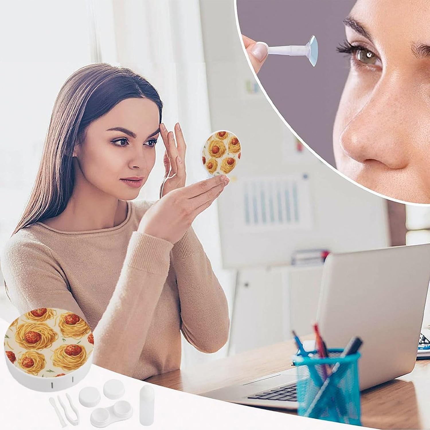 Meatballs Pasta Noodles Portable Contact Lens Case Storage Box Holder Accessory for Travel