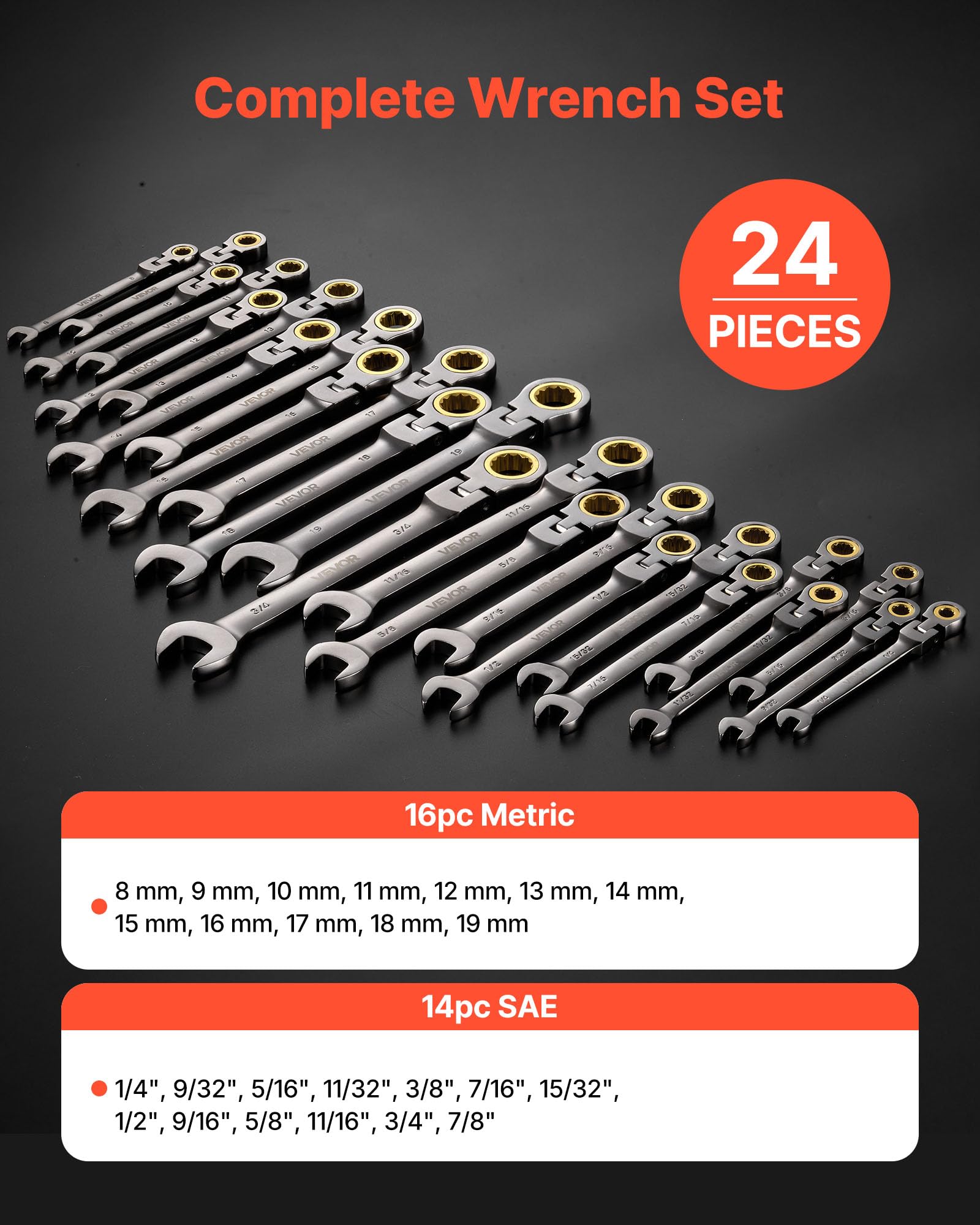 VEVOR Set di Chiavi Combinate a Cricchetto 24 Pezzi, Set di Chiavi a Cricchetto con Misure Metriche e SAE, Testa Snodata a 180°, Meccanismo a 72 Denti, con Custodia per Uso Casa e Auto, Nichel Grigio