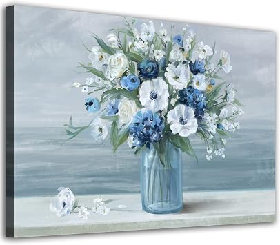 arteWOODS Vintage Flowers Canvas Wall Art Blue White Blossom Painting Retro Flowers in Vase Pictures Blue Ocean Background Artwork Prints for Bathroom Bedroom Wall Decor Ready to Hang 36 X 24in