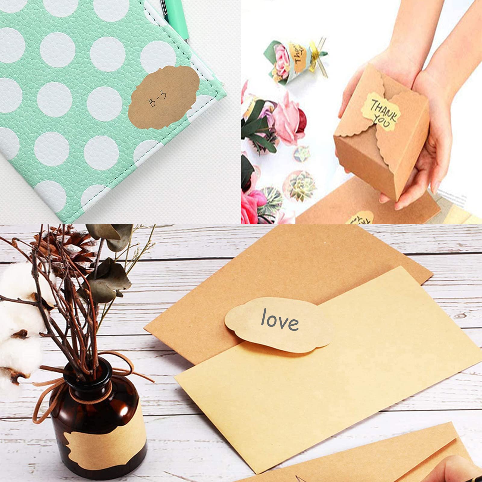 300 Pezzi Autoadesivo Etichette di Carta Kraft, Sticker Tag Etichette, Etichette Adesive di Carta kraft, per Regali di Natale e Halloween, Bottiglie Barattoli Regalo, Alimenti