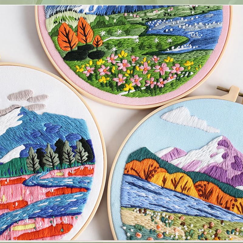 Image of Konrisa 3 Pcs Landscape Embroidery Kits, Mountain Flower Village Pattern Cross Stitch Kit, DIY Sewing Practice Kits for Adults Home Decoration,Include Embroidery Cloth Threads and Needles,1pc Hoops