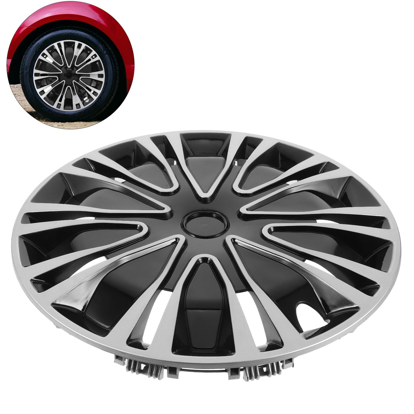 Enjoliveurs Décoratifs de Roue Universels pour Voiture 16 Pouces en Polypropylène Argenté et Noir, Cache-moyeux Automobiles Robustes Adaptés à Divers Modèles, Accessoire Auto