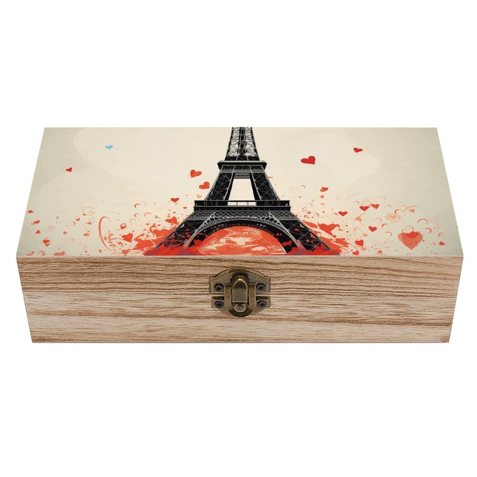 Wooden Storage Box Eiffel Tower Heart Airplane Pattern Wood Gift Box with Hinged Lid Vintage Decorative Jewelry Boxes Memory Box for Jewelry Art Hobbies Home Storage Treasure Keepsake Gift 7.9''x3.9'