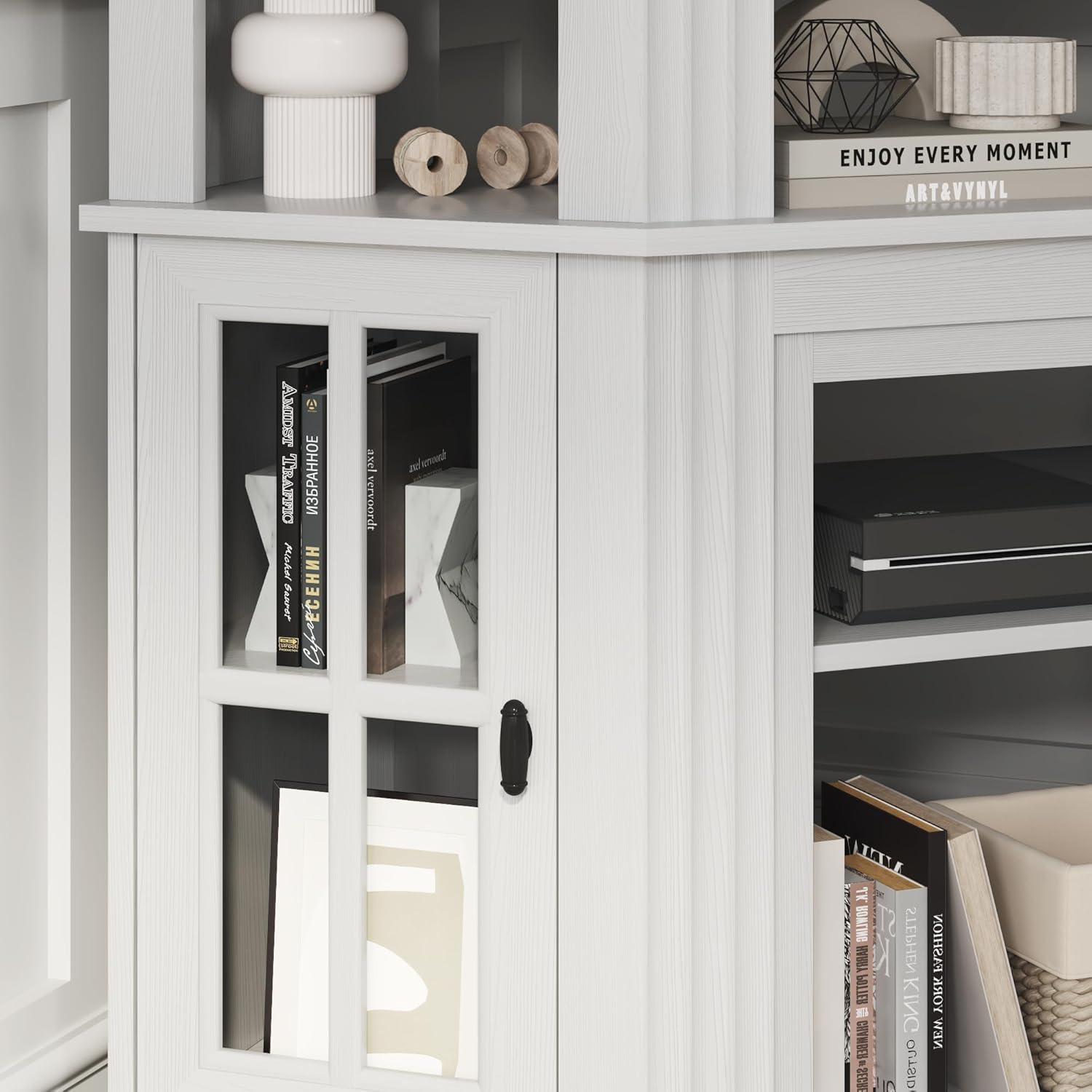 A close-up image of the corner TV stand showing the open central shelf above the fireplace insert, with decorative items.