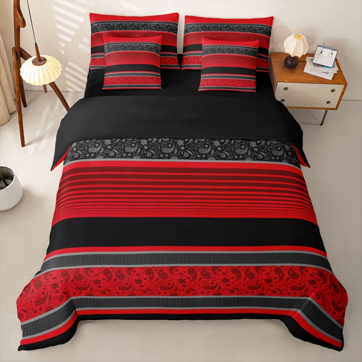 Homemissing Juego de funda de edredón de rayas rojas y negras tamaño King, juego de ropa de cama bohemio de 7 piezas, 1 funda de edredón, 1 sábana encimera, 1 sábana bajera, 2 fundas de cojín, 2