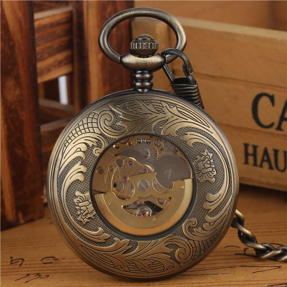 Orologio da Tasca Meccanico Automatico in Bronzo con quadrante Luminoso Numeri Romani Verdi, Catena 30 cm, Orologio retrò Regalo(BZ2048 with Box)