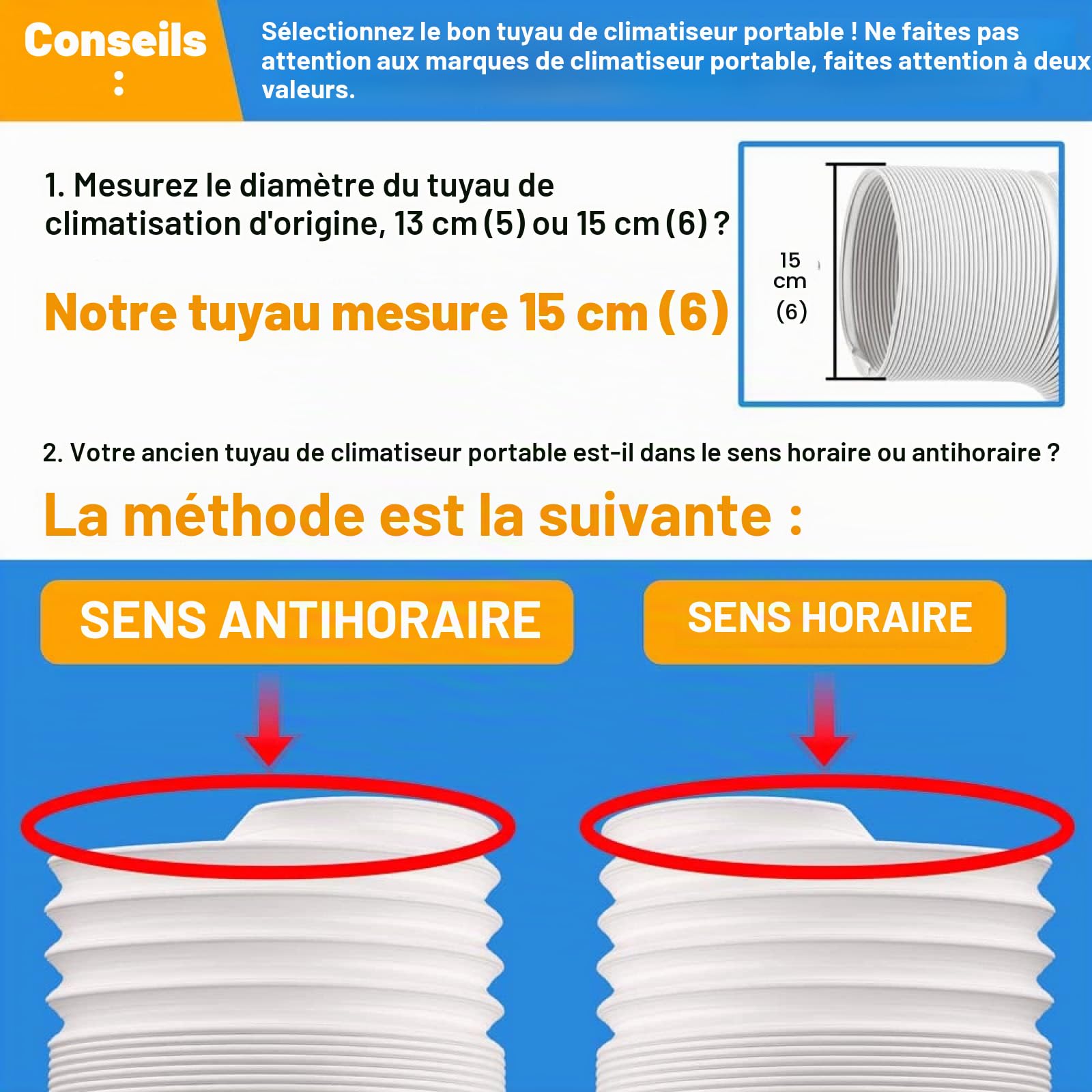Tuyau de climatiseur portable Diamètre 15cm Climatiseur Mobile Tuyau évacuation Climatiseur Mobile pour climatiseur d'échappement Compatible avec Les climatiseurs Mobiles LG,Delonghi et Autr