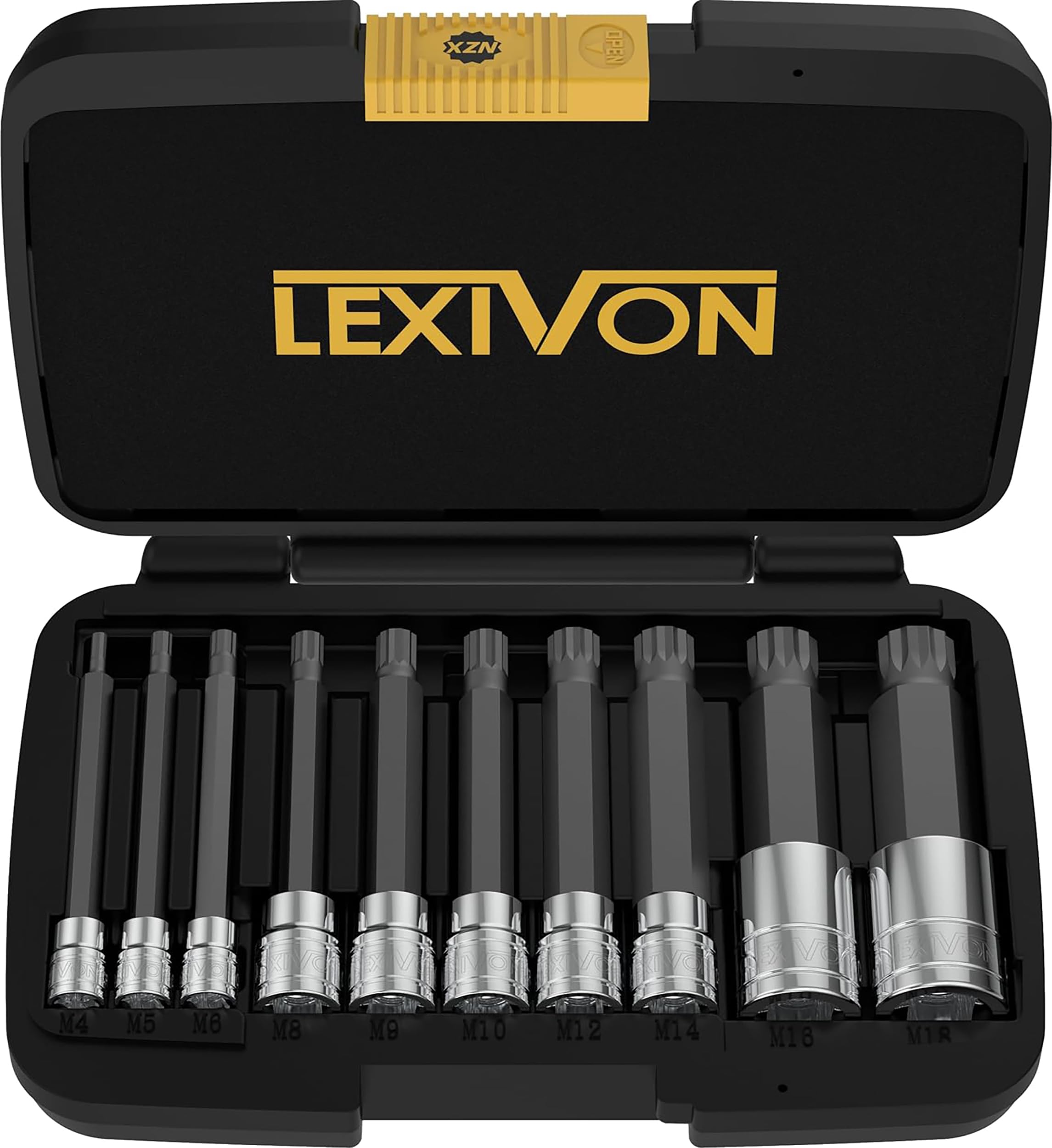 Juego XZN LEXIVON LX-145L de 10 vasos de punta estriada extra largos M4-M18 en acero S2