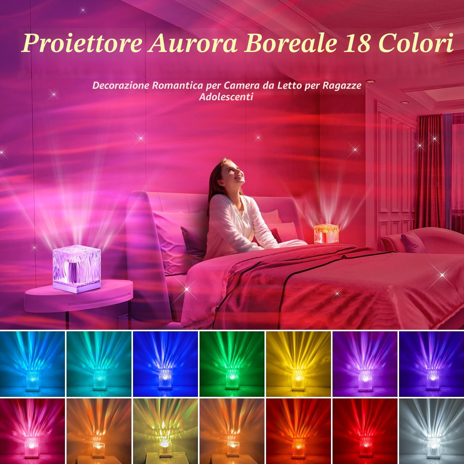 PIKOY Proiettore Stelle Soffitto 8 Colori LED e Telecomando Proiettore Soffitto Luce Notturna Bambini Lampada Camera da Letto Lava Lamp Sunset Lamp Cameretta Bambino Regalo Festa Della Mamma