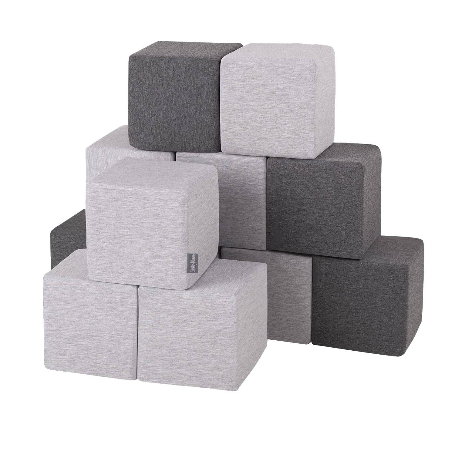 KiddyMoon Soft Foam Building Blocks For Babies & Toddlers, Washable Cotton Zip Cover, 14Cm Cubes, Sensory Toy, 12 Pieces, Cubes:Dark Grey-Light Grey โ image 1