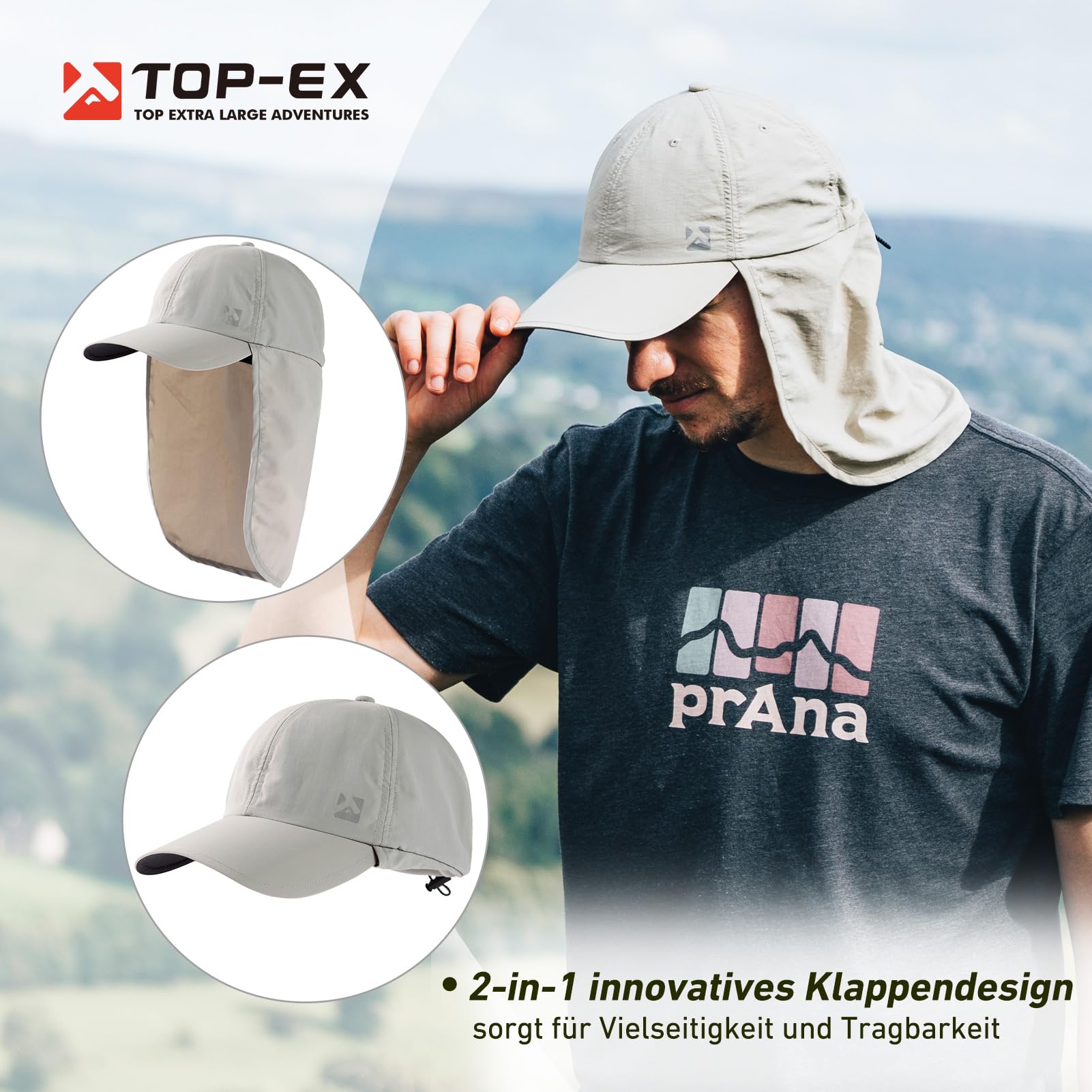 TOP-EX XL/XXL wasserdichte Baseball Cap Herren mit Nackenklappe UV-Schutz Sonnenhüte Damen, Faltbar Sommerhüte Safari Wandern Outdoor-Hut Atmungsaktiv Verstellbar