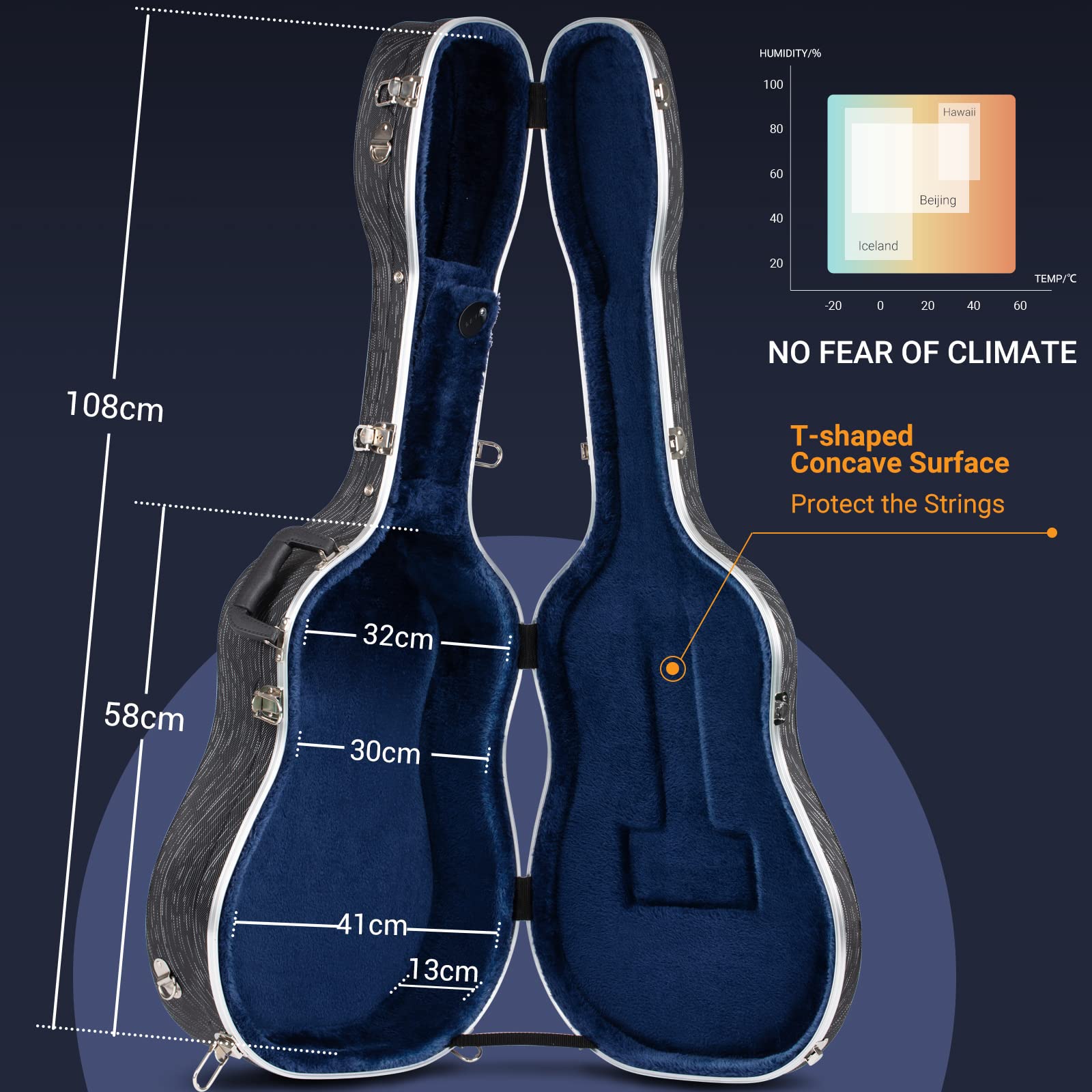 CAHAYA Akustikgitarre Koffer schwarzem Gitarrenkoffer ABS Wasserdichter Hartschalenkoffer 1,5 cm Dicke Polsterung geeignet für 41 Zoll Gitarre