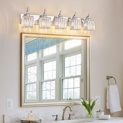 Miniatura 6 de Luces de tocador de cristal cromadas 5 lámparas de baño sobre espejo moderno para baño