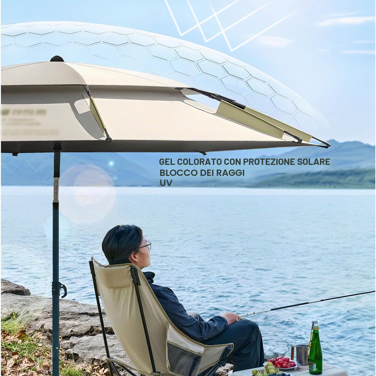 Ombrellone Antivento UV 260 cm Portatile con Ancora, Palo Inclinabile Acciaio/Alluminio, Borsa