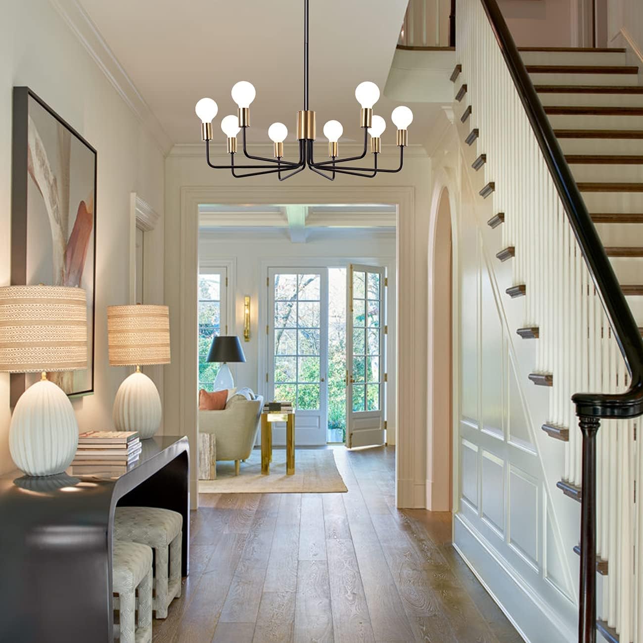 LASENCHOO 8 Lights Modern Chandelier Light Fixture, Vintage Industrial Pendant Lighting Black and Gold Chandelier for Dining Room Living Room Foyer Kitchen Light Fixtures Ceiling Hanging