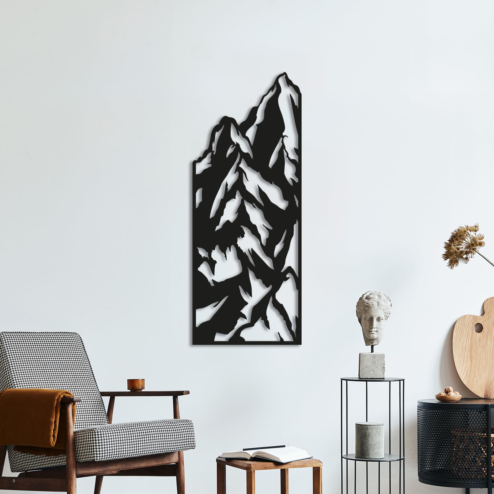 Arte de pared de acero de montañas. Decoración vertical de metal para colgar en la pared (S)