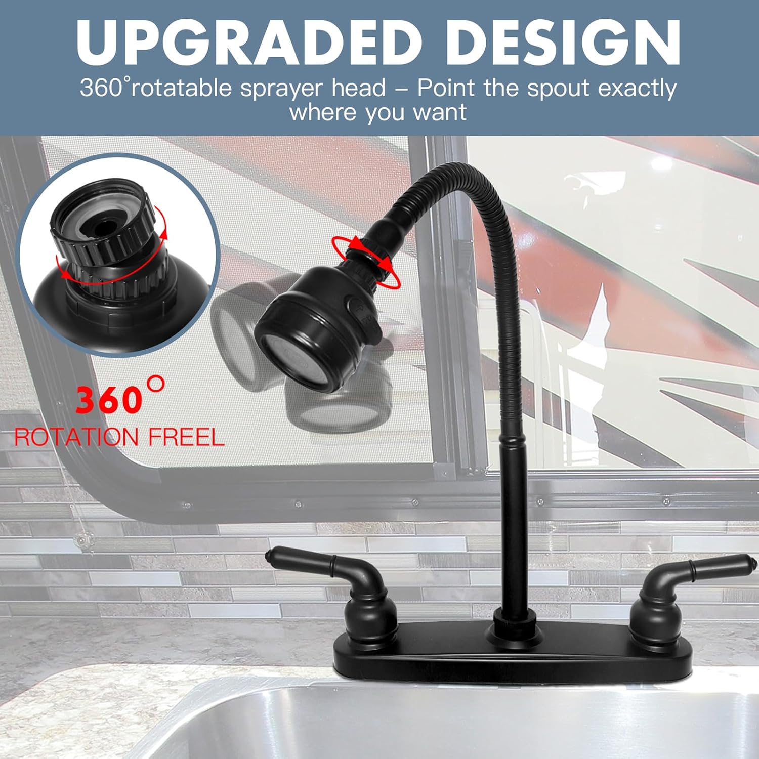 RV Kitchen Faucet,Camper RV Kitchen Sink Faucet Replacement with 2 Handles Flexible Spout 360 Swivel Rotatable Tri-Function Sprayer for Motorhomes,Travel Trailers,8 inch 2 Hole,Non-Metallic,Black
