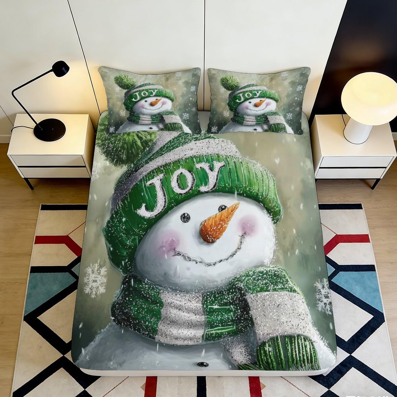 Jqzkxnhpbr Style-5 3D Printed Snowman Joy Fitted Sheet Microfiber Soft Green Winter Bed Cover For Bedroom Guest Room Decor 90X200x25cm