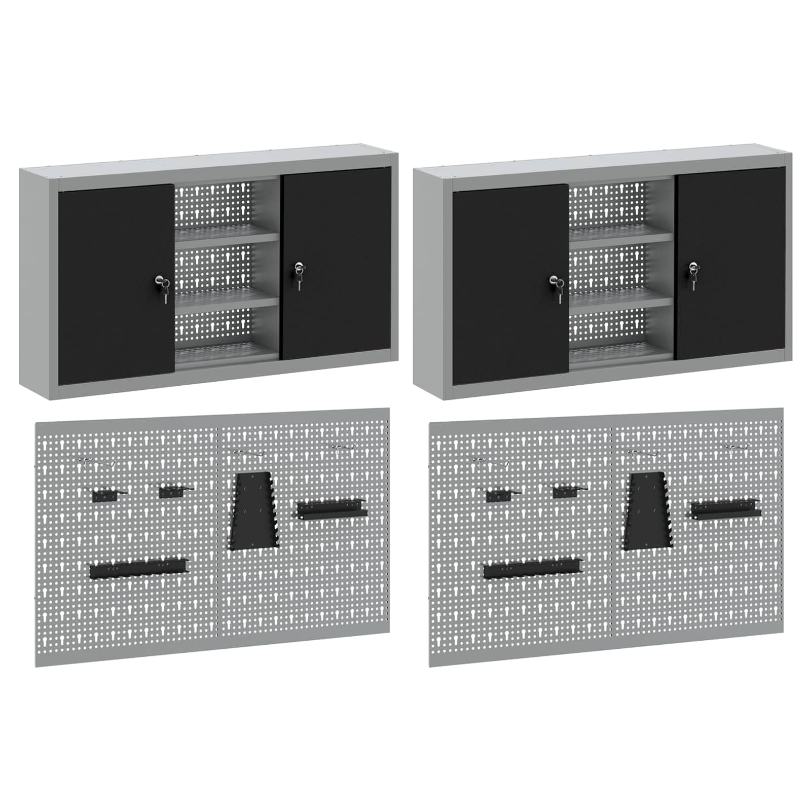 Lot de 6 armoires à outils en acier revêtu par pulvérisation - Montage mural - 200 x 20 x 115 cm - Avec étagères en métal - Plaques perforées - Pour atelier, garage, système de rangement