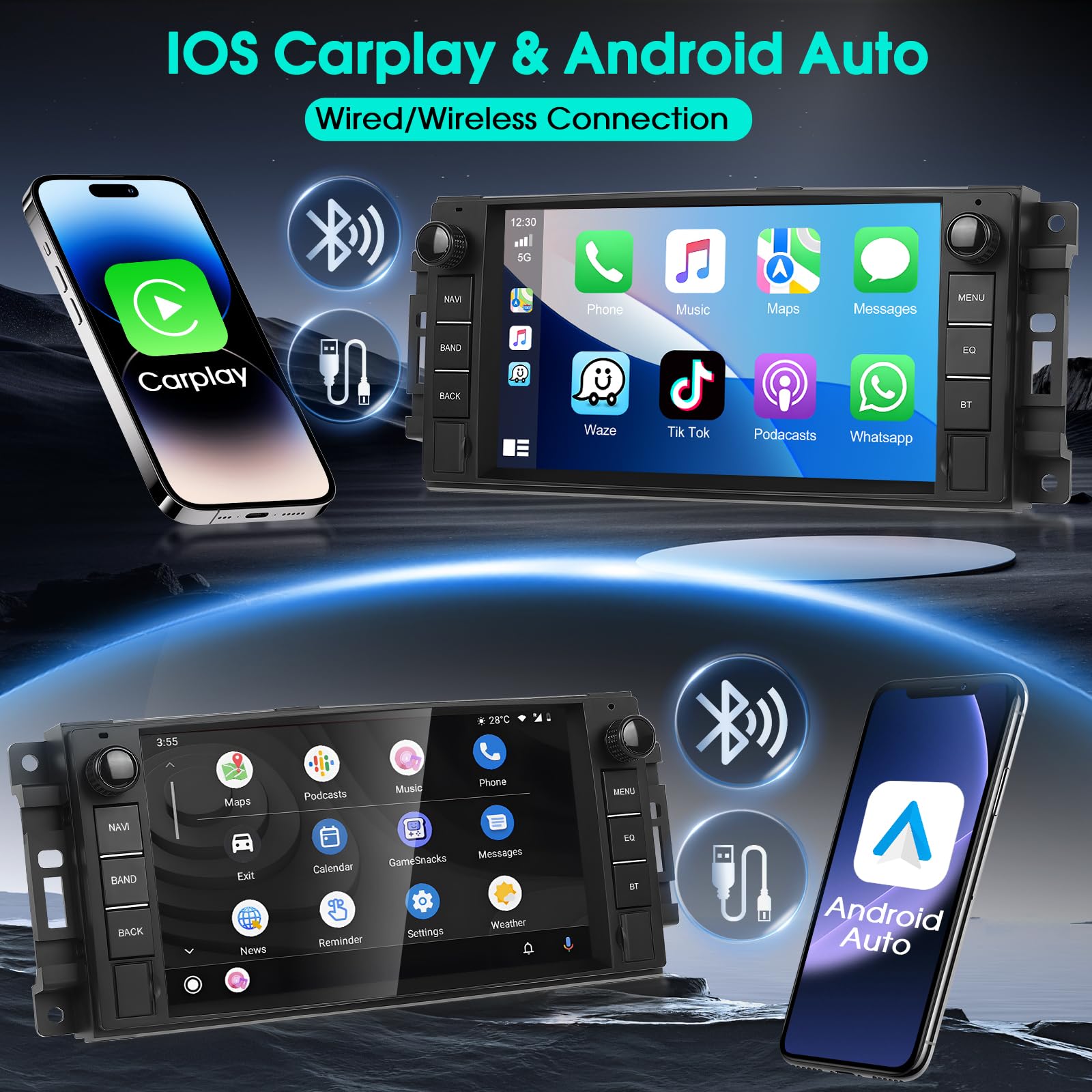 Autoradio für Epica Sebring 300C Jeep Patriot Dodge Challenger, 7'' Radio Stereo Android 15 Carplay Android Auto Radio 2G+64G, DAB+ OBD2, EQ, GPS, WLAN, 720P AHD Rückfahrkamera, Mikrofon