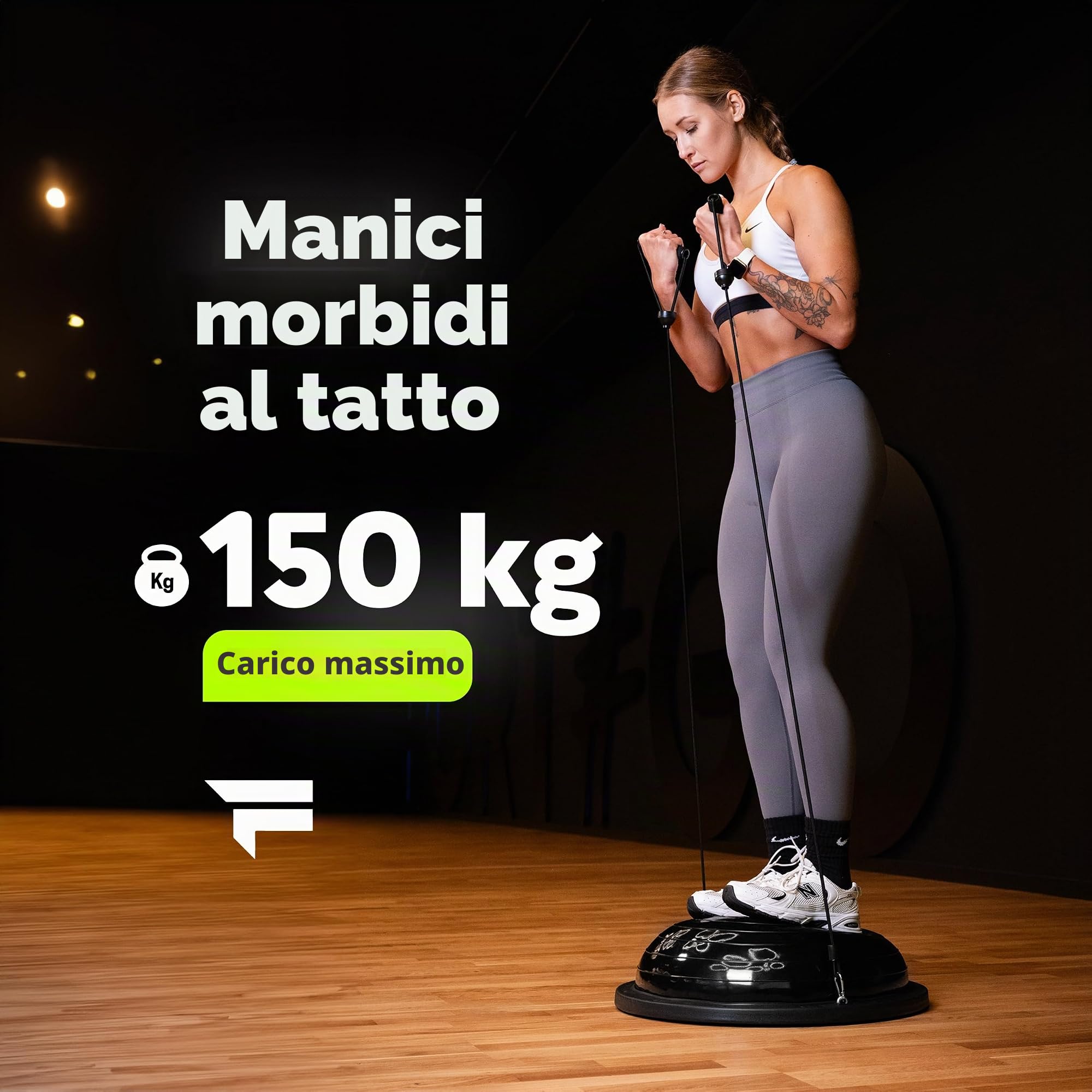 FIZYO Balance Trainer Mezza Sfera Ø 58 cm – Palla da Equilibrio Antiscivolo con Bande di Resistenza & Pompa per Allenamento Core, Yoga, Pilates, Fitness, Fisioterapia & Riabilitazione (Nero)
