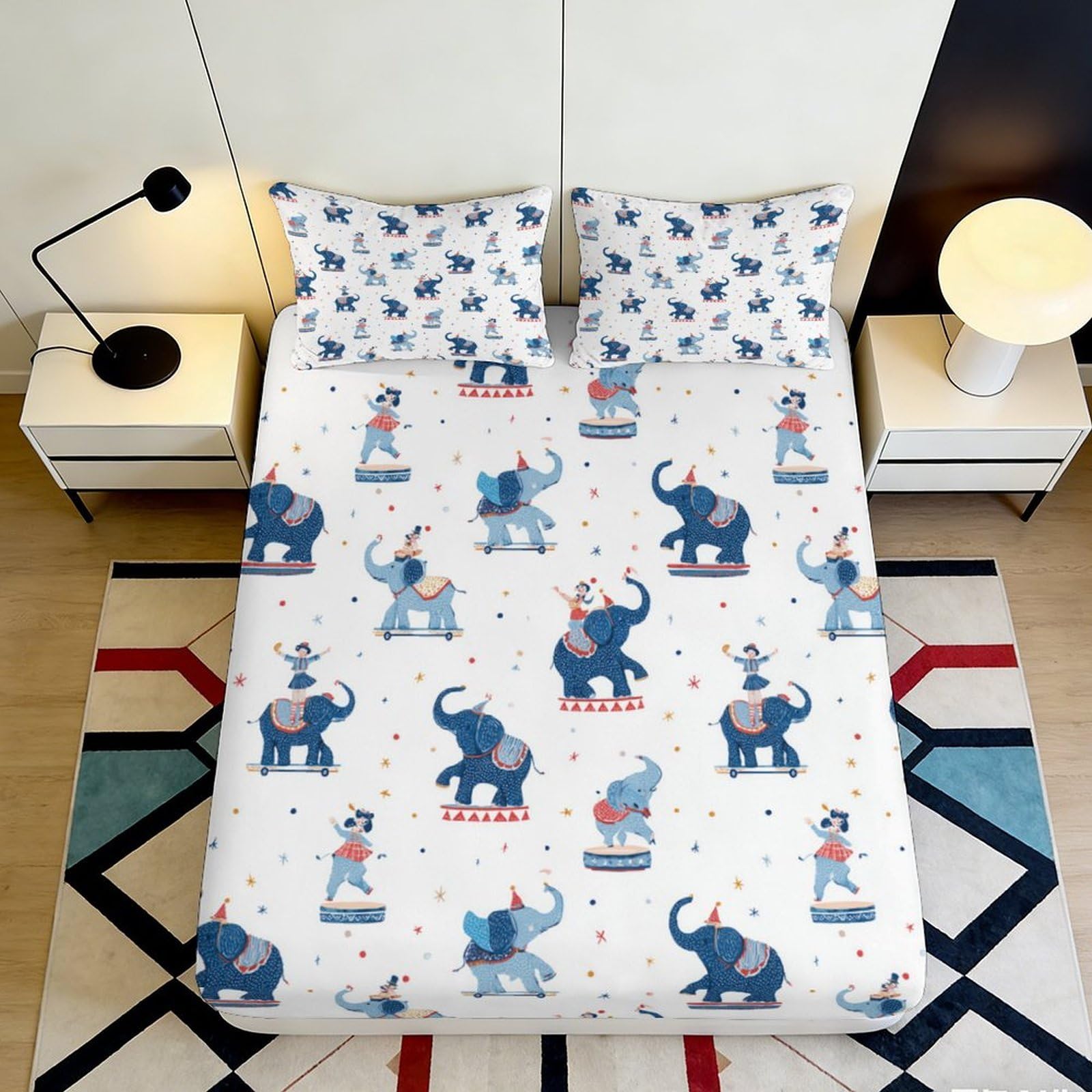 3D Printed Circus Elephant Fitted Sheet Microfiber Soft Blue Animal Bed Cover for Bedroom Dorm Mattress Protection 120x200x25cm