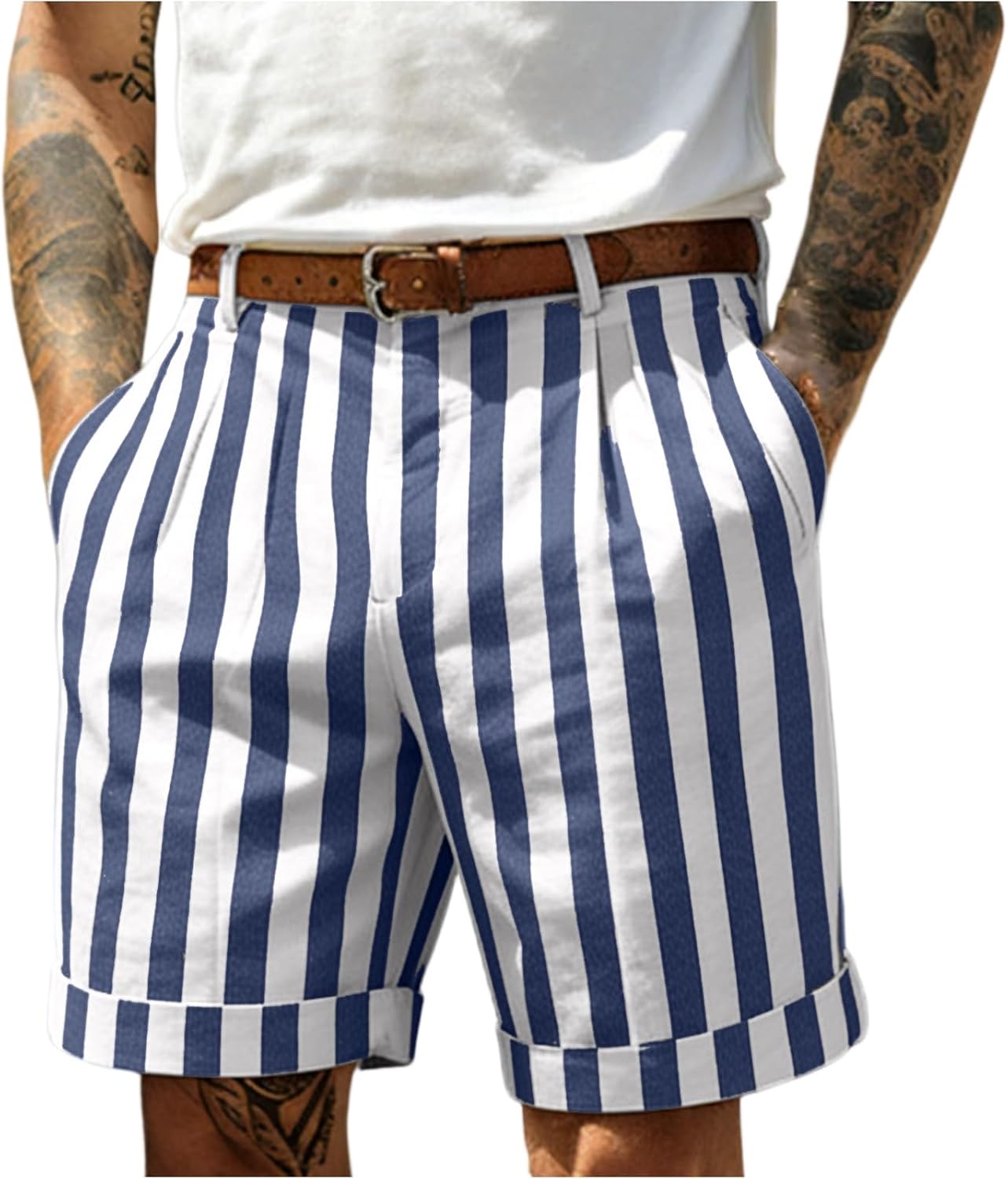 Ymosrh Men's Causal Pleated Front Shorts Striped Bermuda Beach Dress Shorts S-3XL