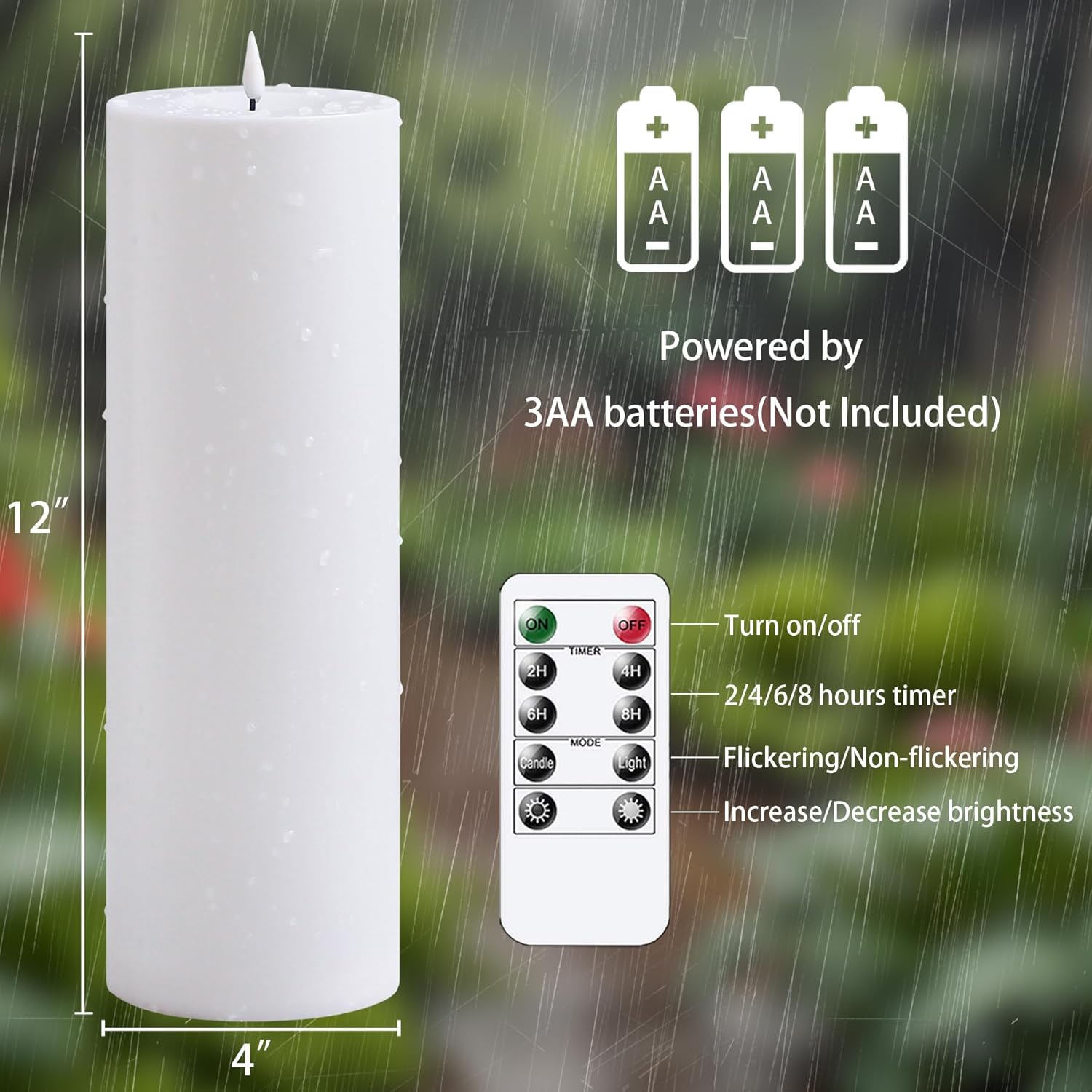 4" x12" Flameless Flickering Waterproof Candles with Remote, LED Battery Operated Timer Plastic White Pack of 2 Pillar Candles for Outdoor Use (Long Lasting 420+ Hrs)