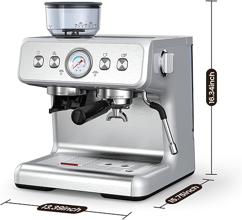 Miniatura 7 de Máquina de café expreso con molinillo, máquinas de café expresso semiautomáticas de acero inoxidable de 20 bares, con un espumador de leche, varita