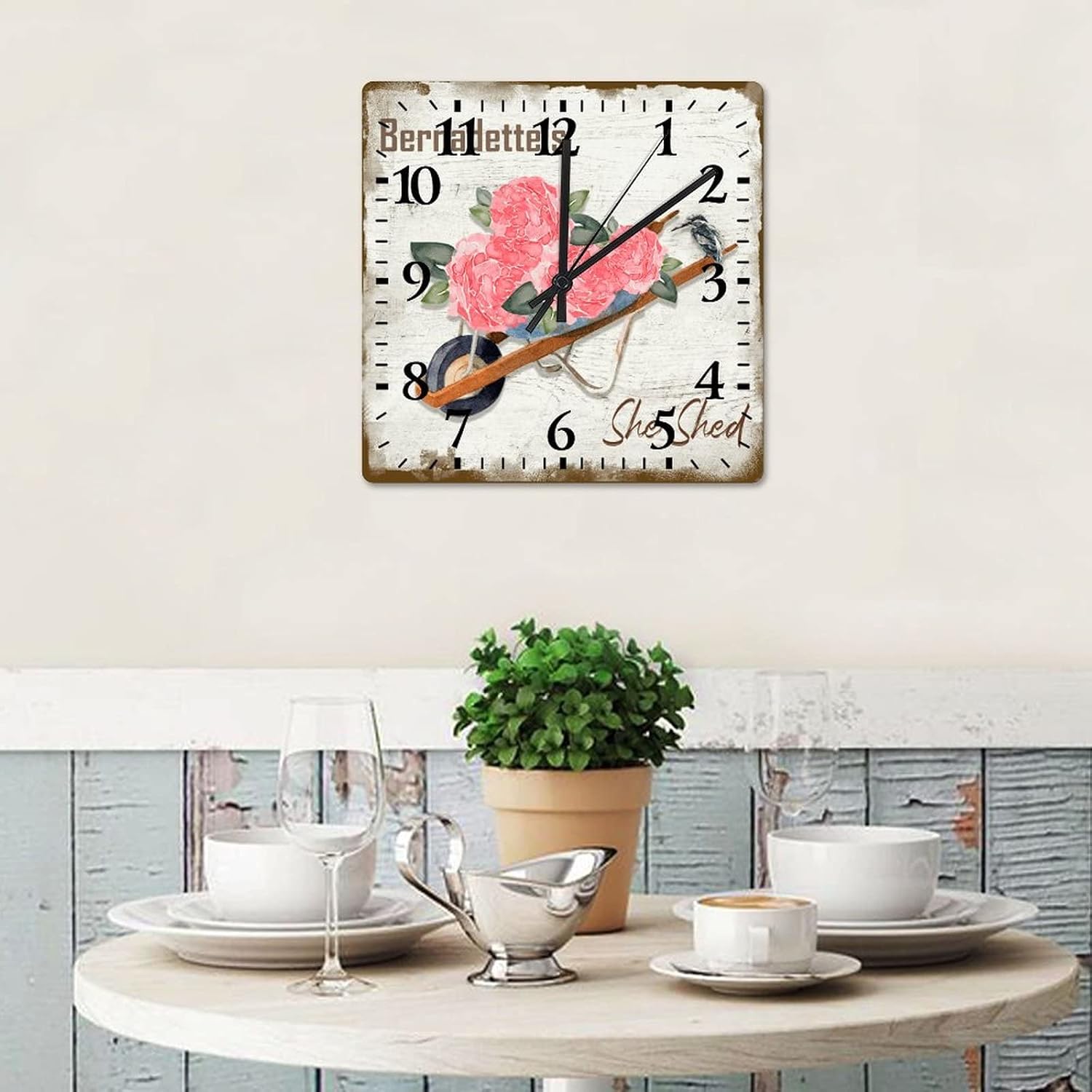 15 Inch Personalized She Shed Custom Name Flower Clock Battery Operated Vintage Decor Home Garden Patio Living Room Clock Arabic Numbers Square Clock for Kids Room and Kitchen