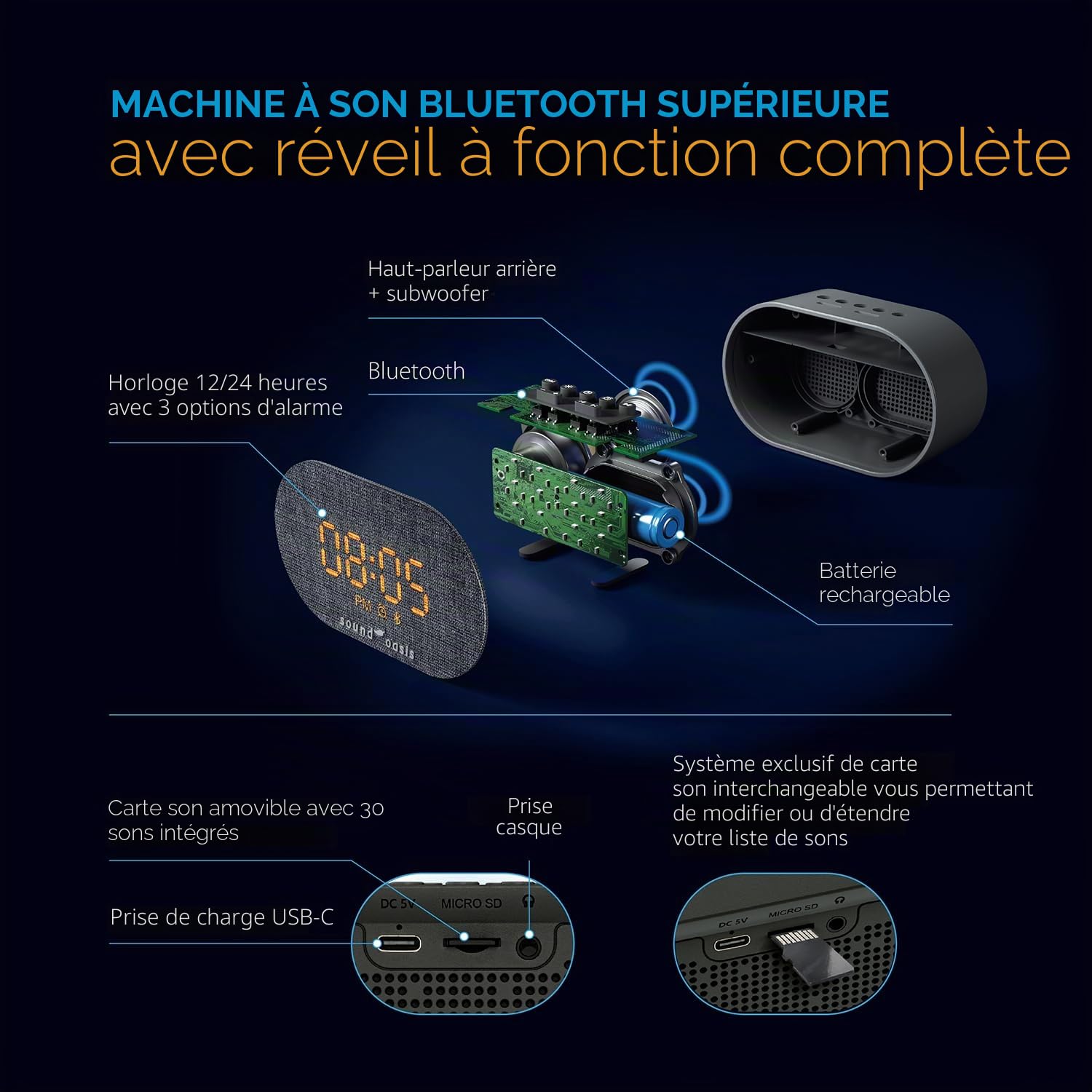 Oasi Réveil Bluetooth Acouphène Sound Therapy BST-150T - Meilleur sommeil, gestion et masquage des acouphènes, 30 sons intégrés