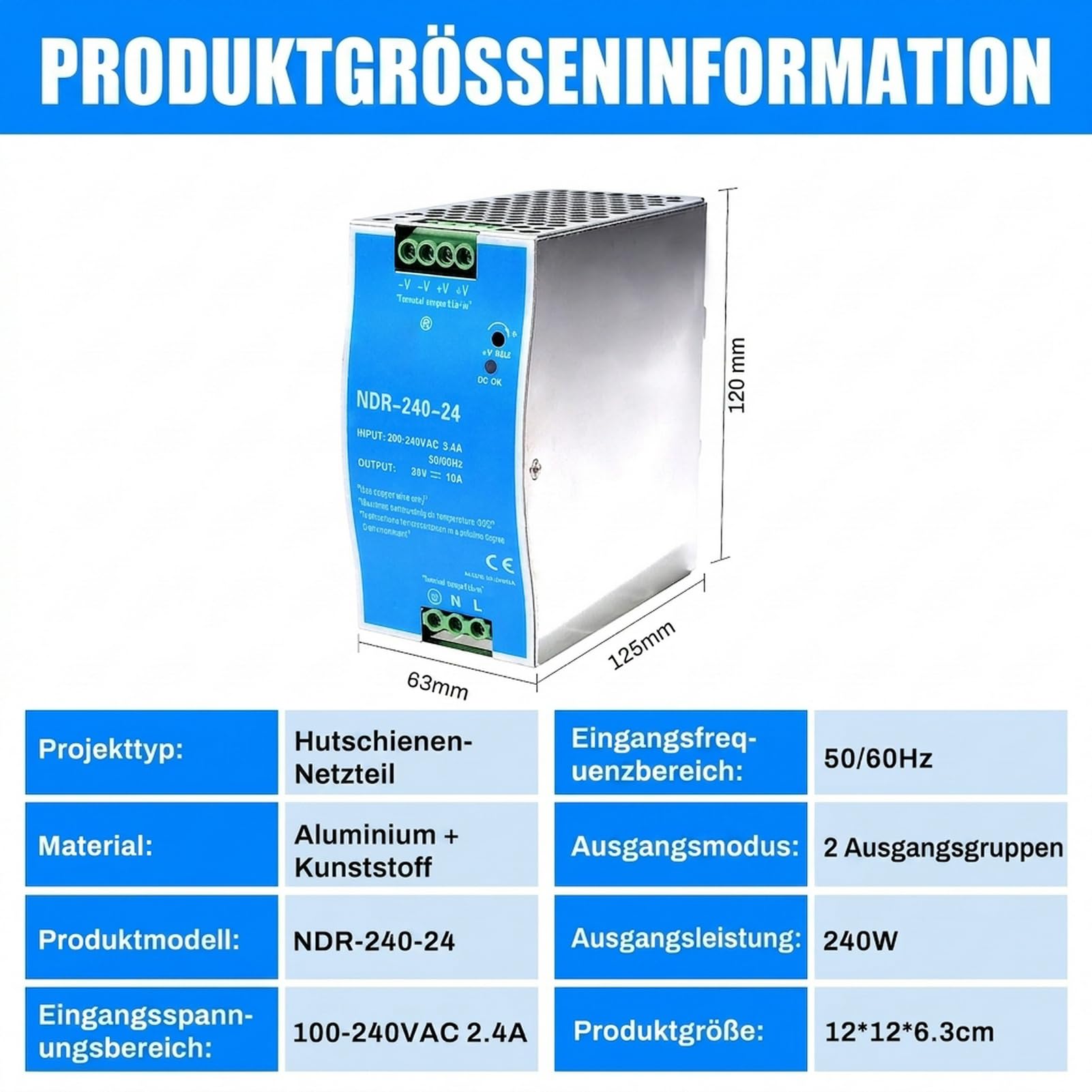 24V Netzteil hutschiene 240W DIN-Schienen-Schaltnetzteil Eingang AC 100-220V 2,4A Ausgang DC 24V 10A Mehrere Schutzfunktionen Industrielles Modell NDR-240W-24V.