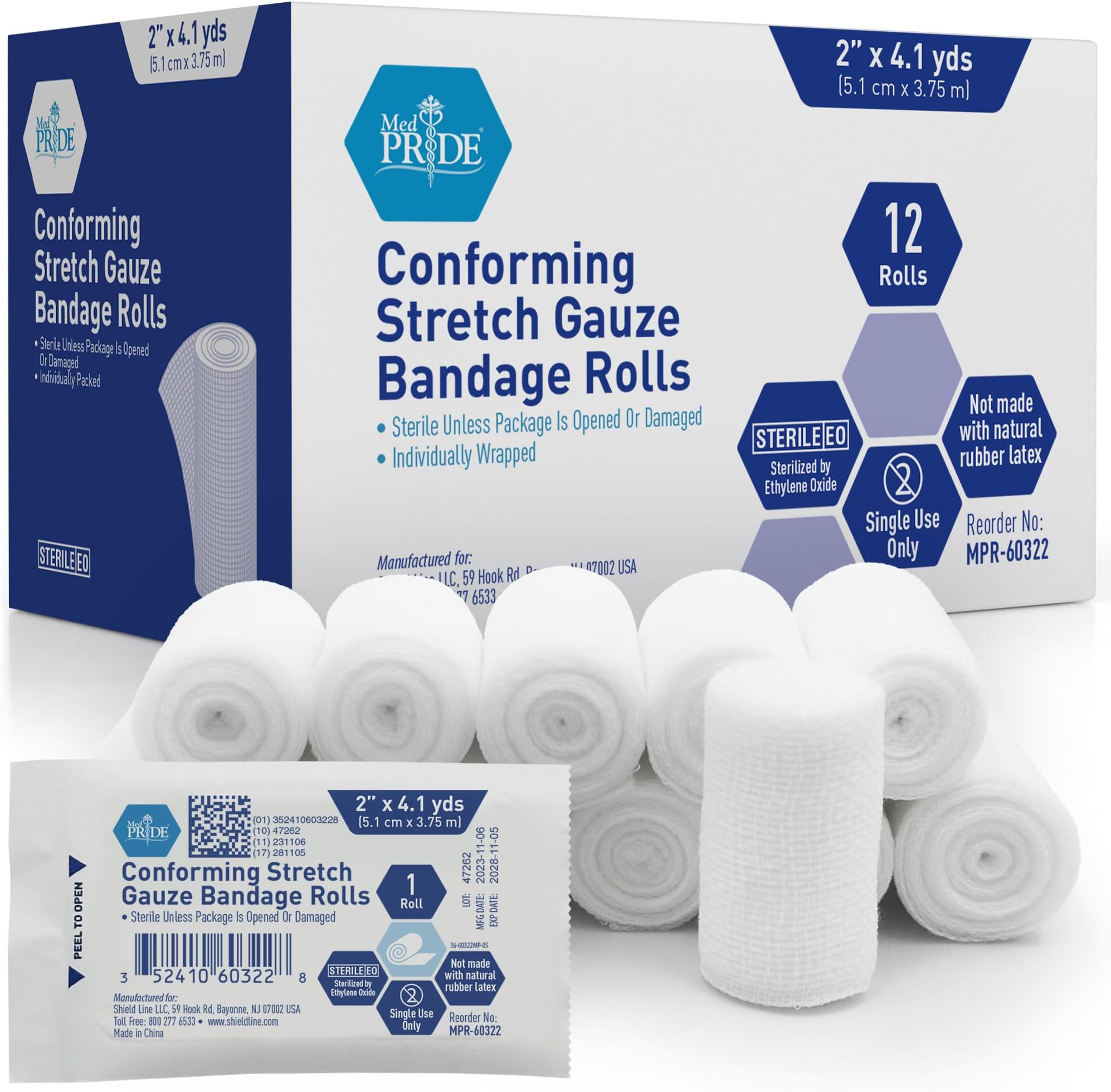 MED PRIDE 2 in Conforming Stretch Gauze Bandage Sterile Latex-Free Non-Adherent First Aid Wound Care Rolls (2x147.6 Inch (Pack of 12))