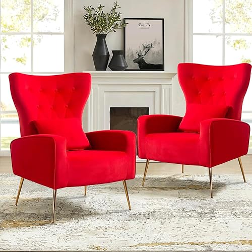 Miniatura 27 de Juego de 2 sillas de acento de terciopelo, silla de brazo de mediados de siglo con respaldo alto alado y abotonado, sillones para sala de estar y