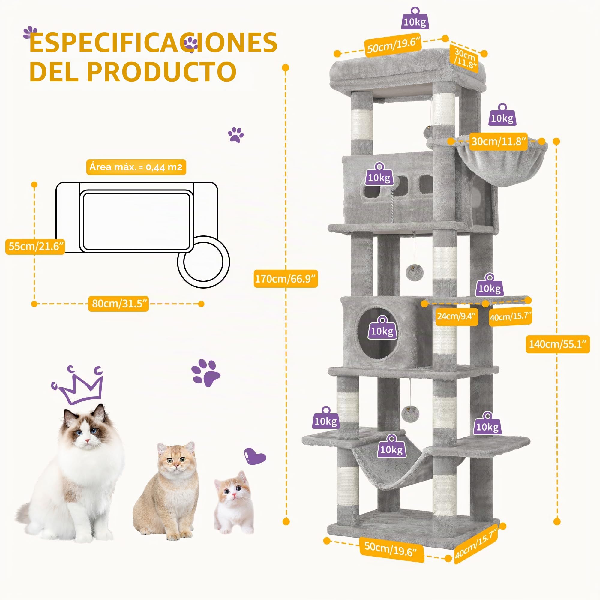 Hzuaneri 170cm Rascador para Gatos, Árbol para Gatos, 2 Cuevas, Plataforma, 1 Hamaca, 1 Cesta, 3 Pompones, L(50 x 40 x 170 cm), Gris Claro MS17018LG