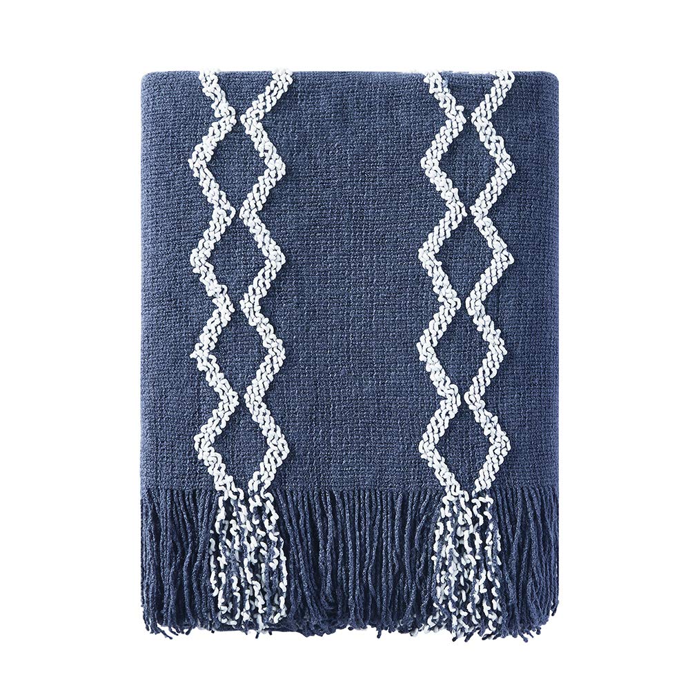 Bourina Dark Navy Fluffy Chenille Knitted Fringe Throw Blanket, Lightweight Soft Cozy For Bed Sofa Chair,Navy,127X152cm