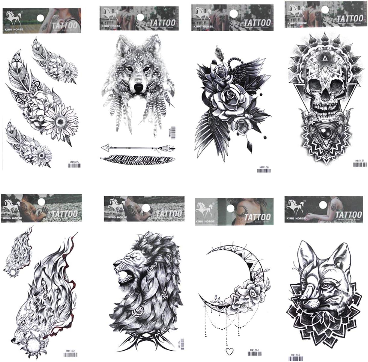 GGSELL Temporary tattoos 8pcs tattoo stickers in one package, it including butterfly feather,wolf,rose,skull,lion,moon with flowers,etc.