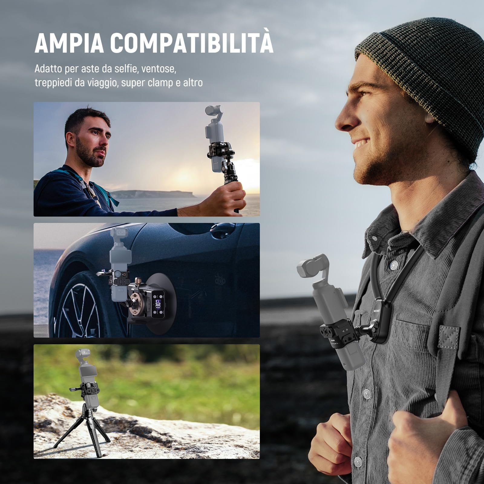 NEEWER Pocket 3 Cage Compatibile con DJI Osmo Pocket 3 e Creator Combo Accessori, Rig di Estensione per Riprese Video Gimbal con Adattatore Action Cam, Filettatura 1/4", ColdShoe, Panno Pulizia, AC009