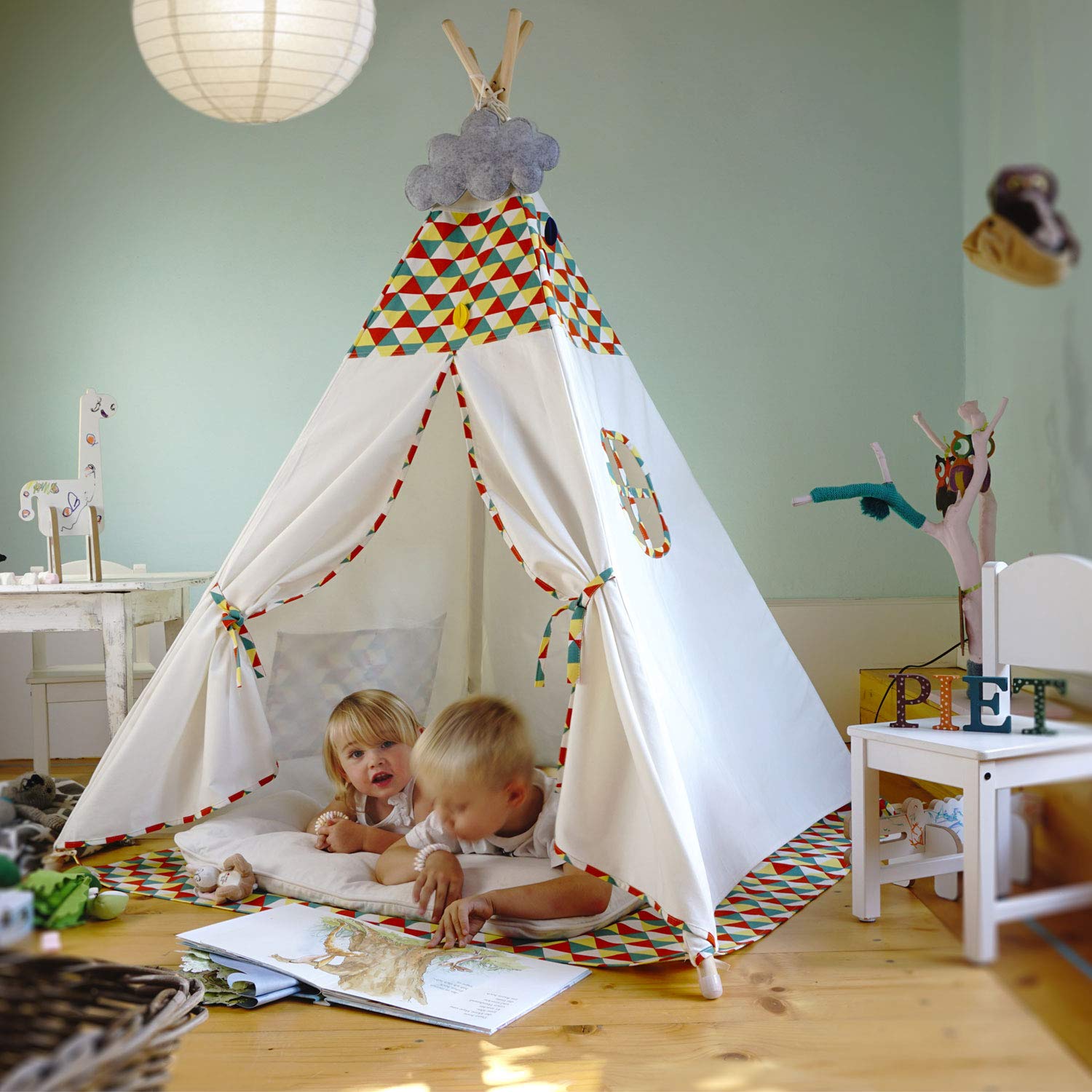 Hej Lønne Tipi dziecięcy biały namiot z kolorowym wzorem, wymiary ok. 120 x 120 x 150 cm, namiot do zabawy z podłogą i oknem, w zestawie worek i instrukcja, do użytku wewnątrz i na zewnątrz, bez