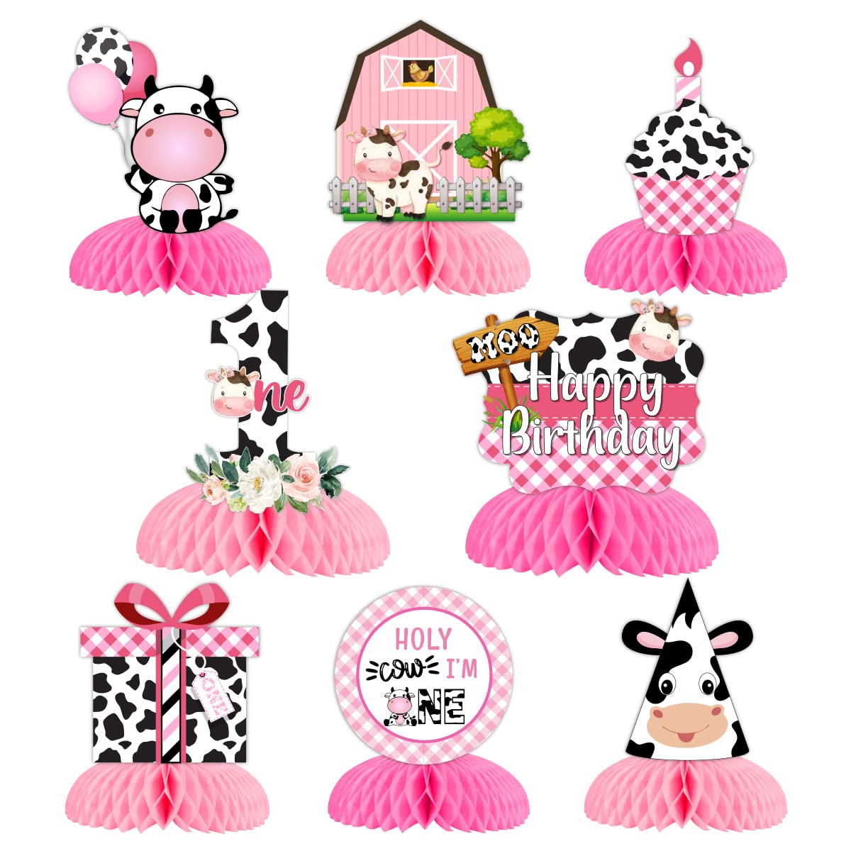 Fangleland 8Pcs Cow Print Honeycomb Centerpieces, Holy Cow I'm One Birthday Supplies - Sweet Pink Farm Animal 1st Birthday 3D Table Topper for Girls