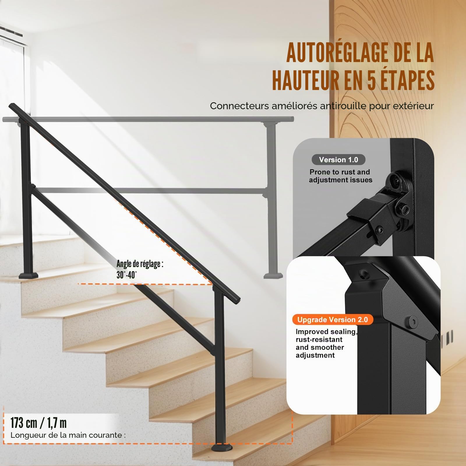 VEVOR Rampe d'escalier pour 5 marches extérieures, main courante escalier en acier au carbone, avec kit d'installation, pour personnes âgées, marches en béton, porche, terrasse, tube carré noir