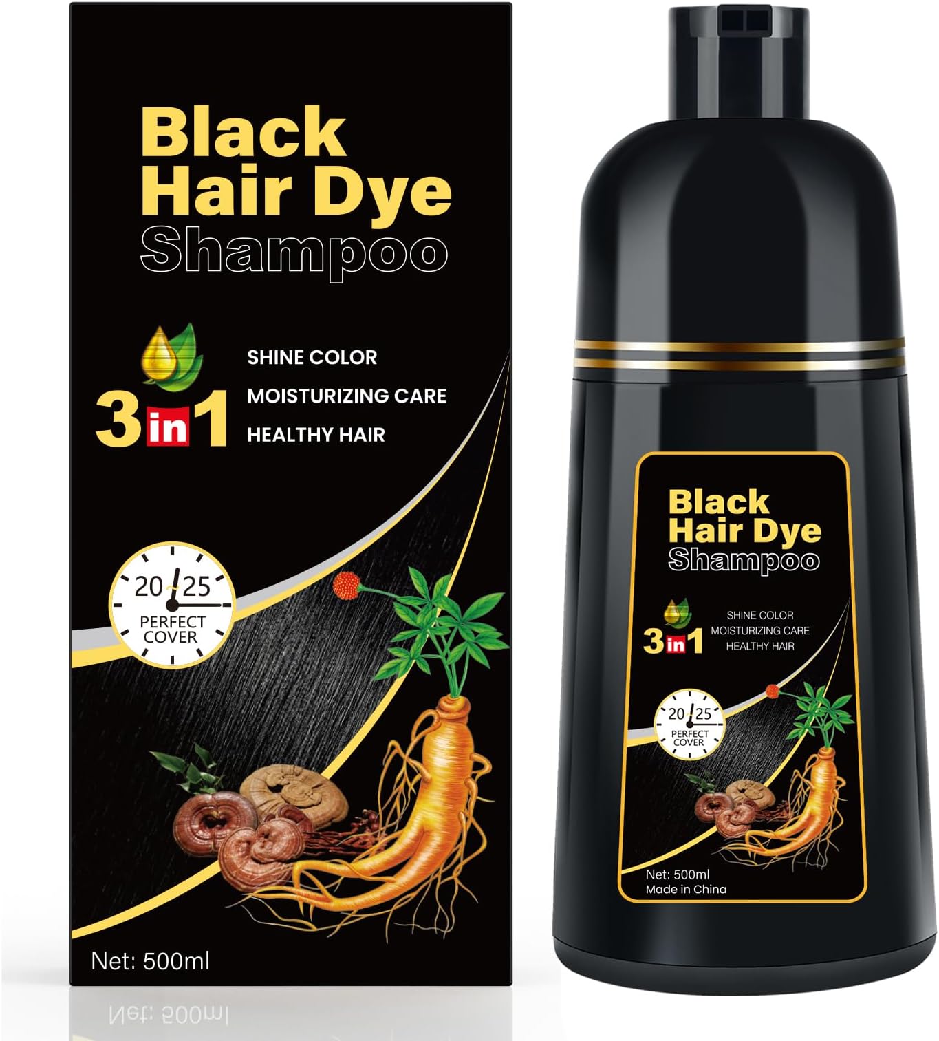 Black Hair Dye Shampoo 3 in 1 for Gray Coverag Color Shampoo for Women/Men Instant Herbal Semi Permanent champu para canas