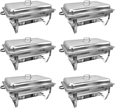 6 Pack Chafing Dish Buffet Set High Grade 8QT Stainless Steel Chafer Complete Set, Alpine Gray Handle, Silver