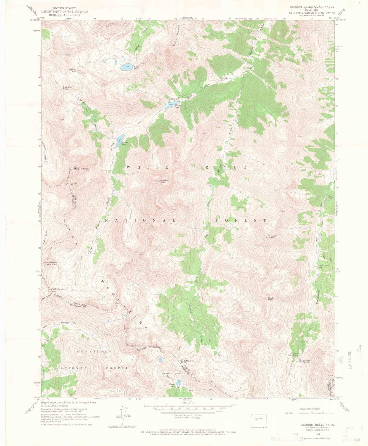 Maroon Bells CO topo map, 1:24000 Scale, 7.5 X 7.5 Minute, Historical, 1960, Updated 1966, 26.9 x 22.3 in - Tyvek