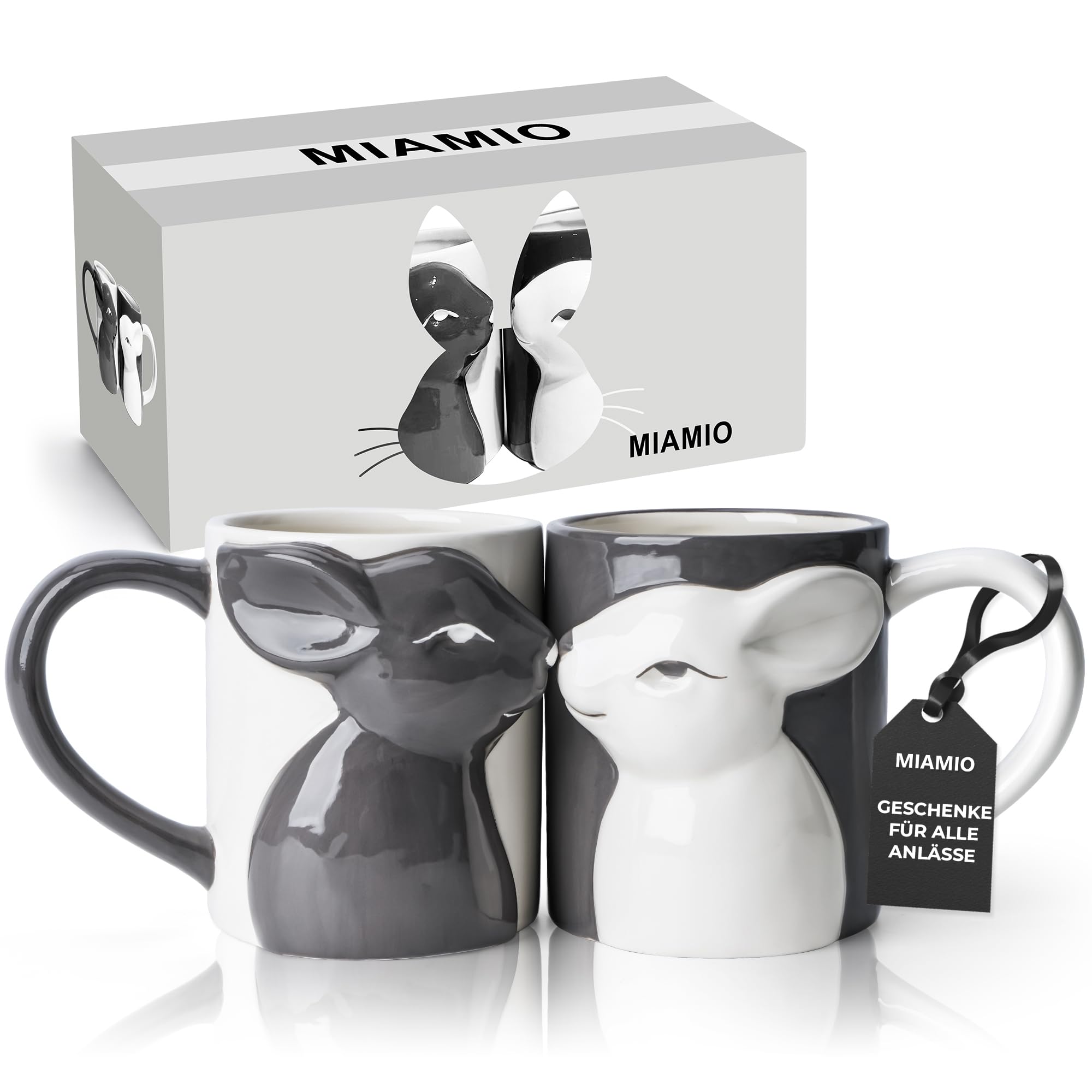MIAMIO - Hasen Kaffeetassen Set / 2 × 400 ml Keramik Küssende Tassen - Ostergeschenk für Paare, Frauen & Männer zum Geburtstag, Valentinstag, Hochzeit, Ostern - Spülmaschinen- & Mikrowellenfest