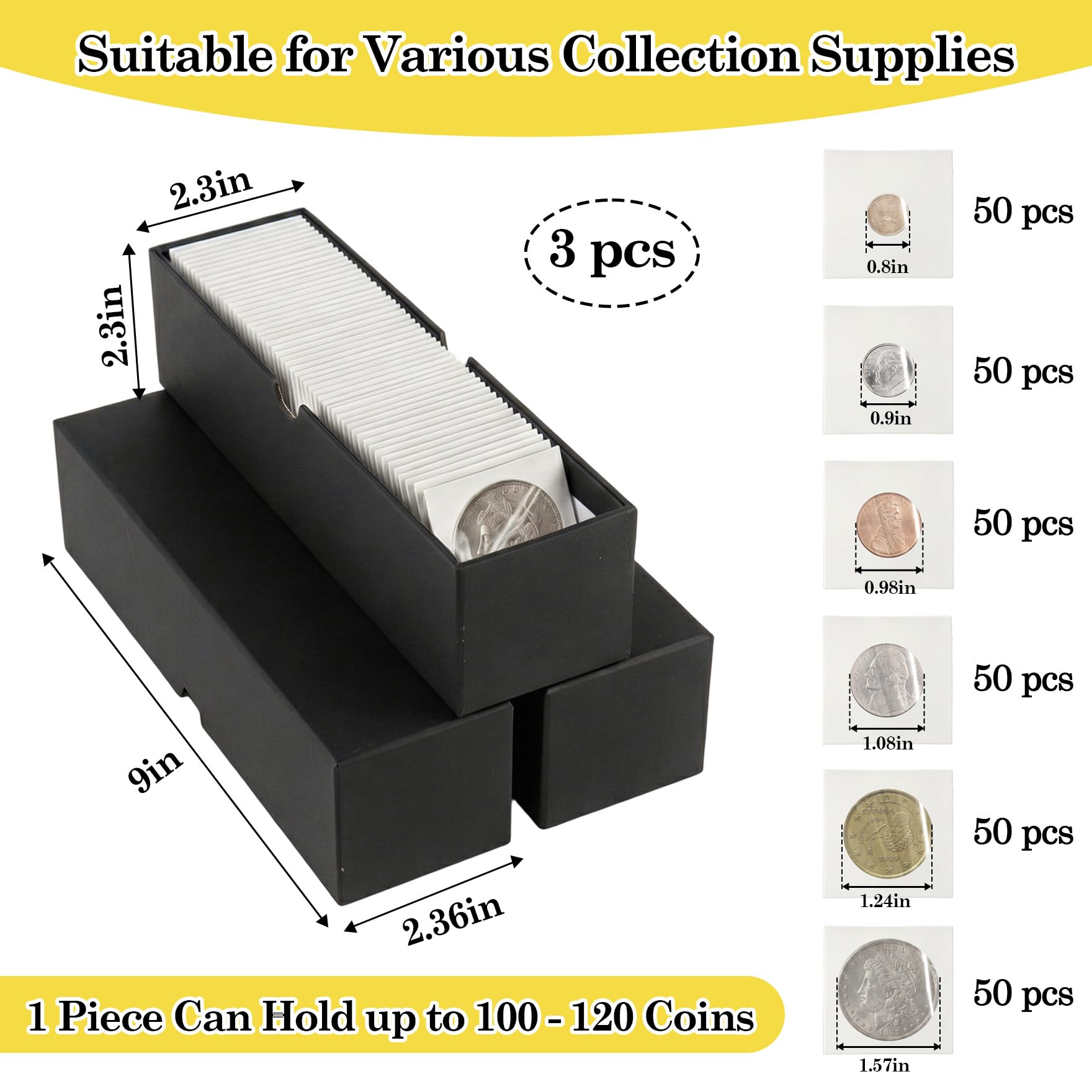Klmnop Lot de 300 rabats pour pièces de monnaie avec 3 boîtes de rangement de 5 x 5 cm, porte-pièces en carton pour pièces de monnaie de 6 tailles, étui de rangement pour pièces de monnaie (noir)