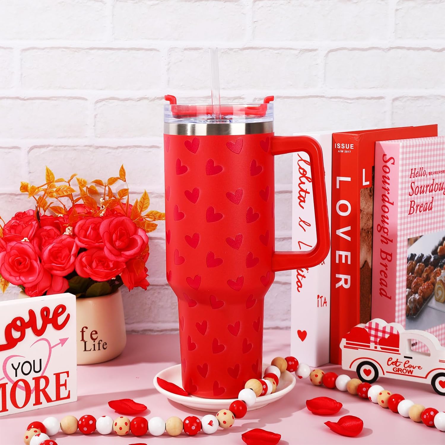 JarThenaAMCS Valentine's Day Tumbler with Lid and Straw 40oz Red 5D Heart Printed Tumbler with Handle Love Heart Stainless Steel Cup for Home Office Travel - Image 4